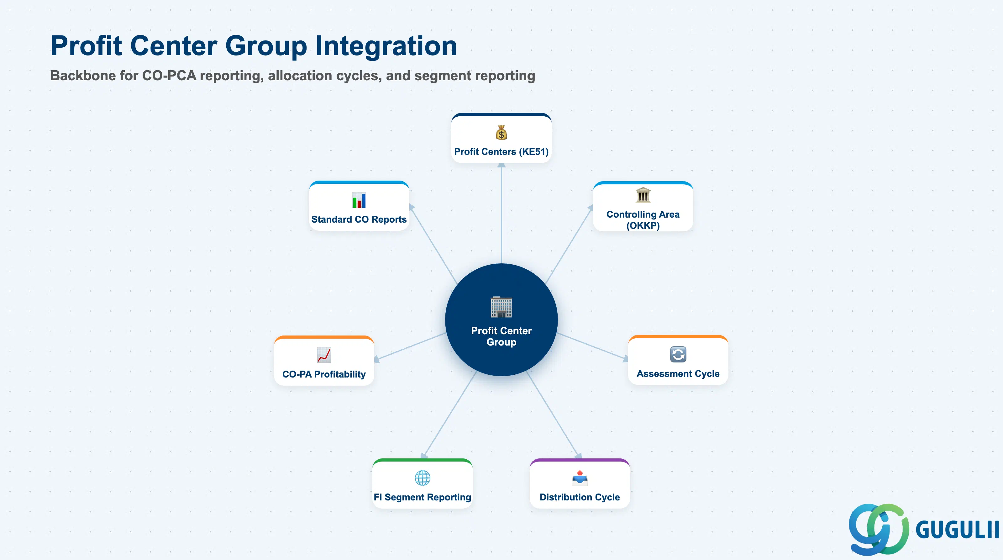Hub-and-spoke diagram showing Profit Center Group at center, connected to Profit Centers, Controlling Area, Assessment Cycles, Distribution Cycles, Segment Reporting, and CO Reports