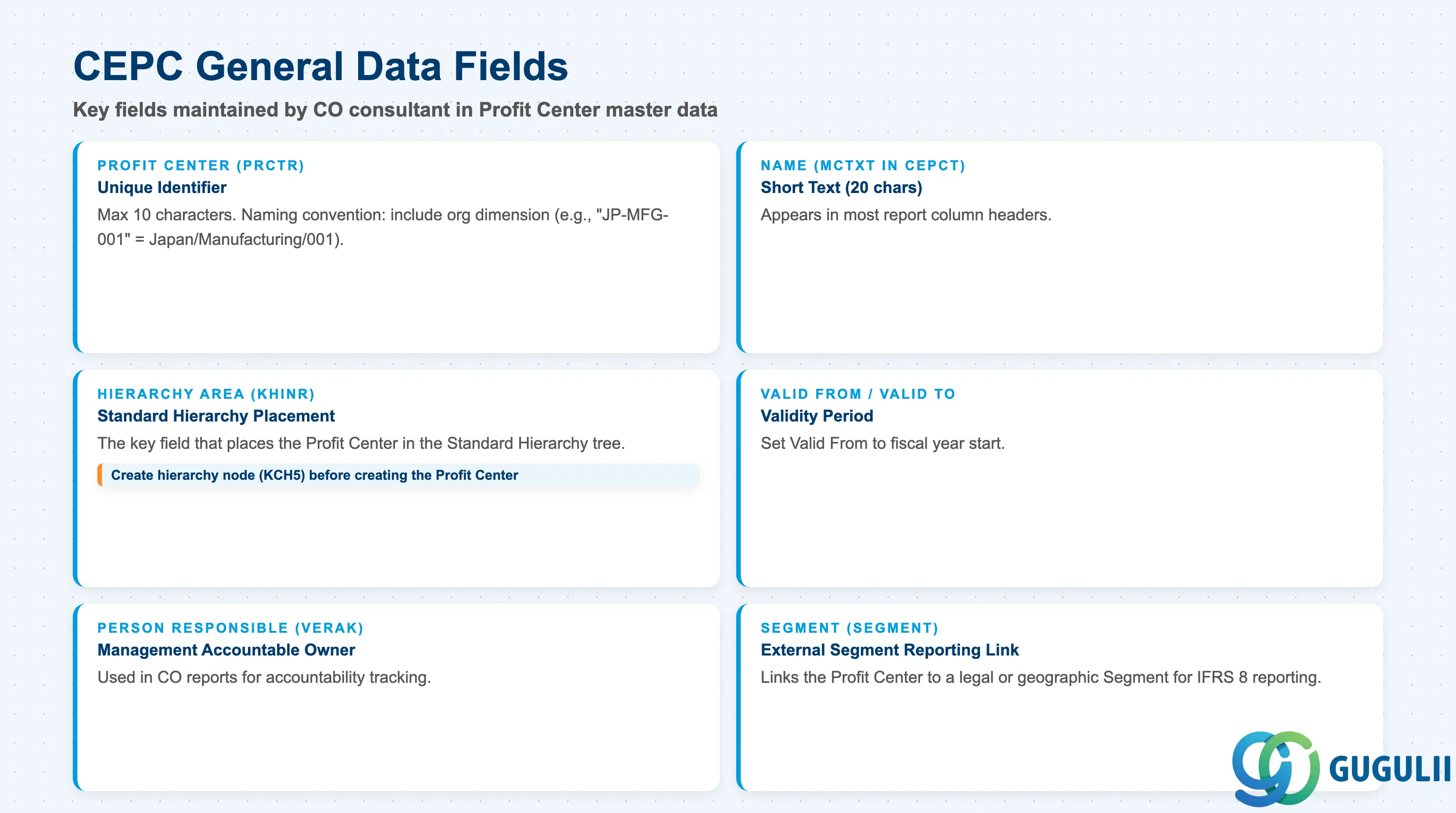 Checklist of key CEPC fields: Profit Center, Name, Hierarchy Area, Valid From/To, Person Responsible, Department, Segment