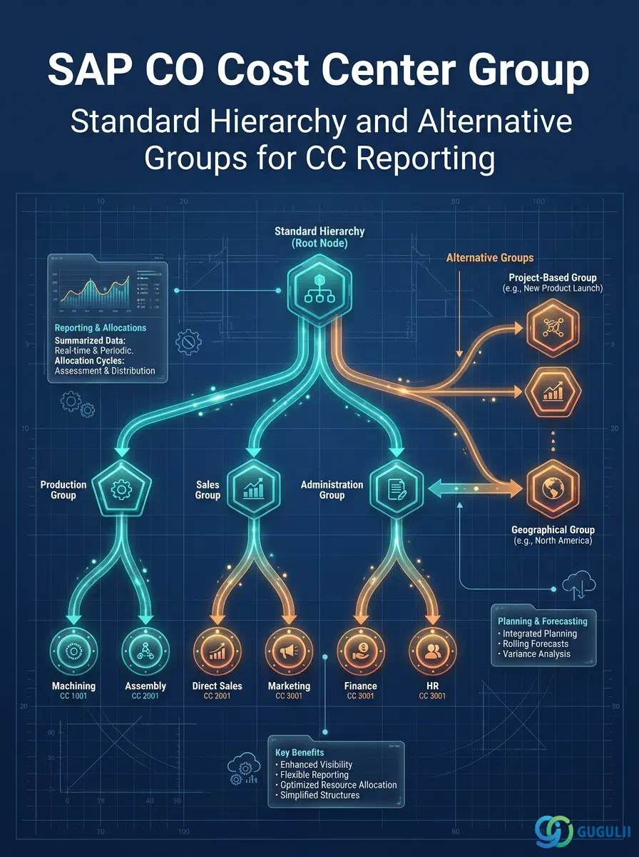 Cover: SAP CO Cost Center Group — the standard hierarchy that structures cost center reporting and allocation cycles