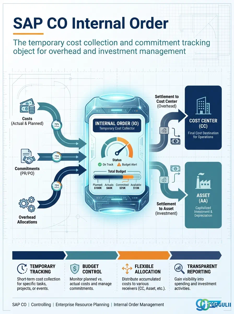 Cover: SAP CO Internal Order — the temporary cost collection and commitment tracking object for overhead and investment management