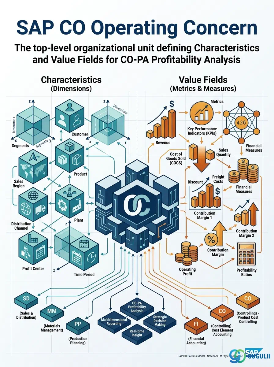 Cover: SAP CO Operating Concern — the top-level organizational unit for profitability analysis that defines characteristics and value fields for CO-PA