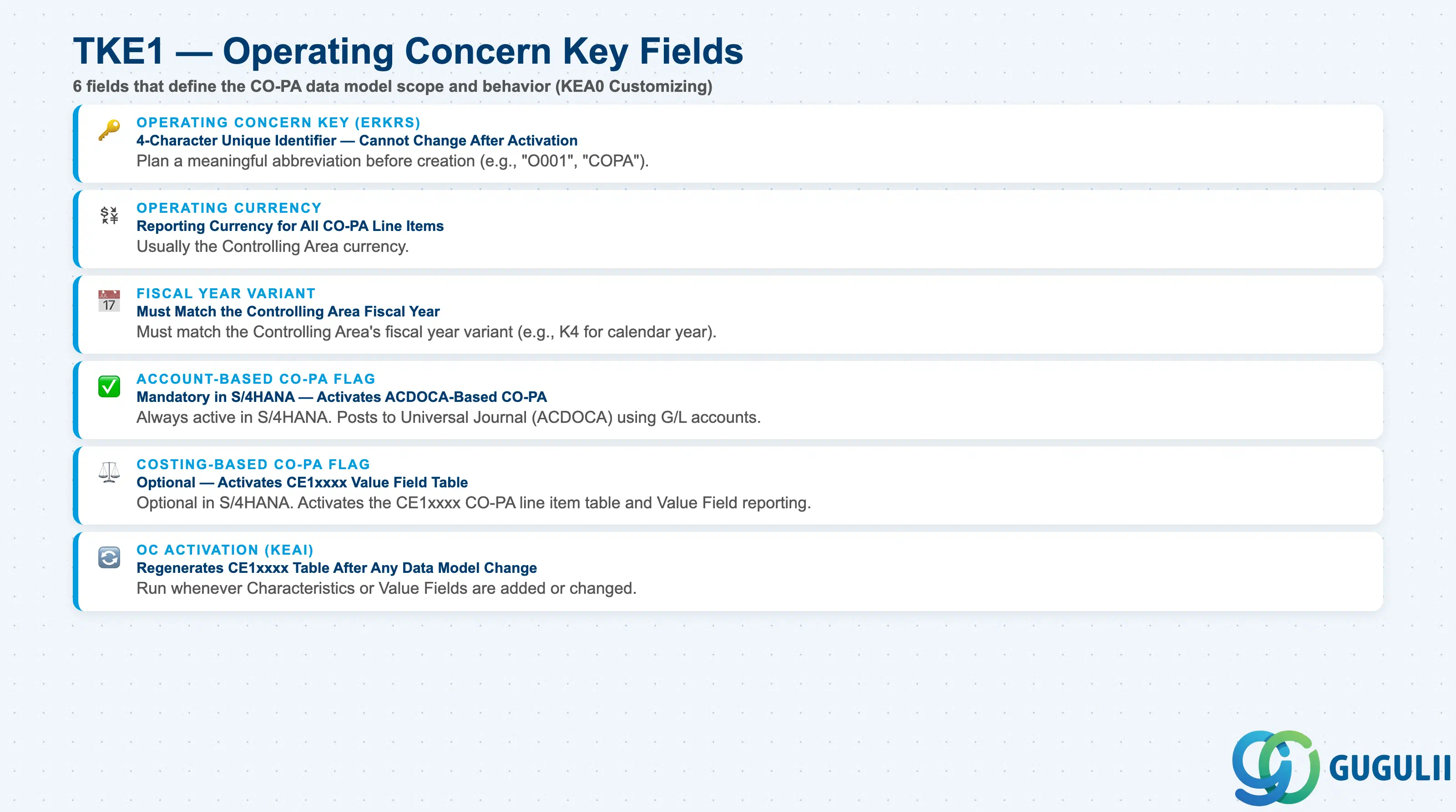 Checklist of key TKE1 fields: Operating Concern key, Description, Currency, Fiscal Year Variant, Costing-Based/Account-Based flags