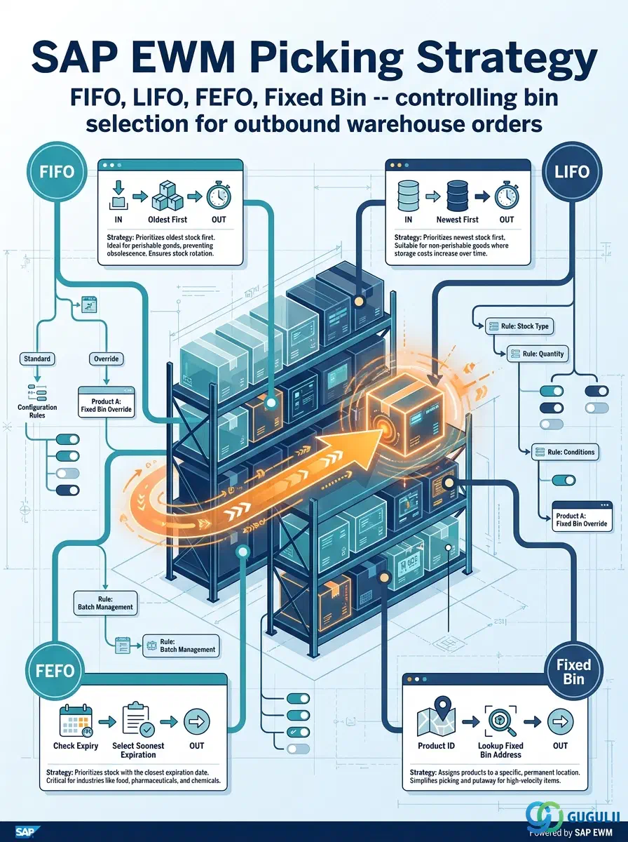Cover: SAP EWM Picking Strategy — controlling bin selection for outbound warehouse order execution