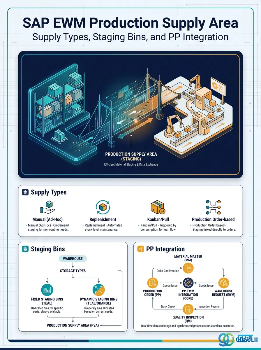 Cover: SAP EWM Production Supply Area — staging area linking the warehouse and the production line