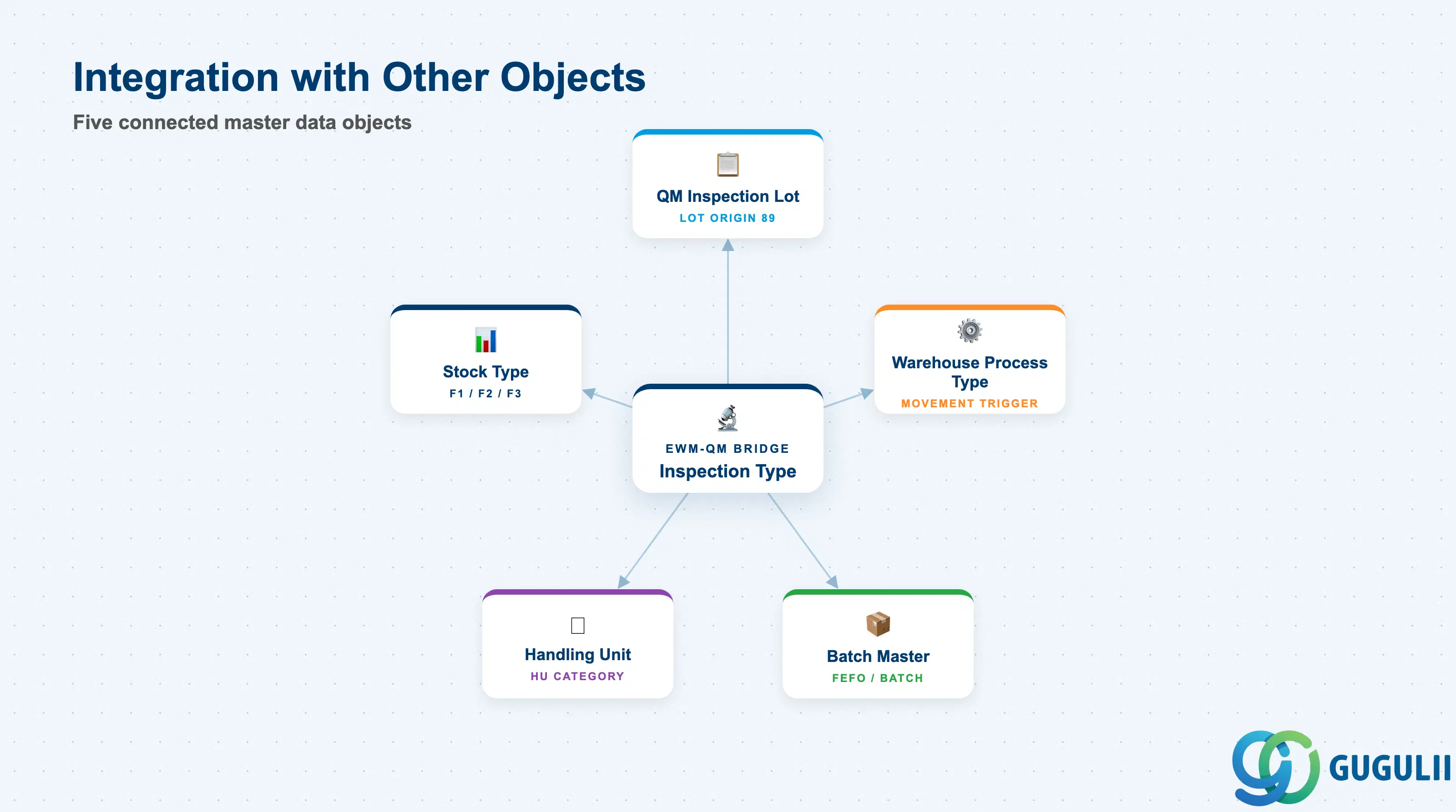 Inspection Type at center with QM Inspection Lot, Warehouse Process Type, Stock Type, Handling Unit, and Batch as spokes