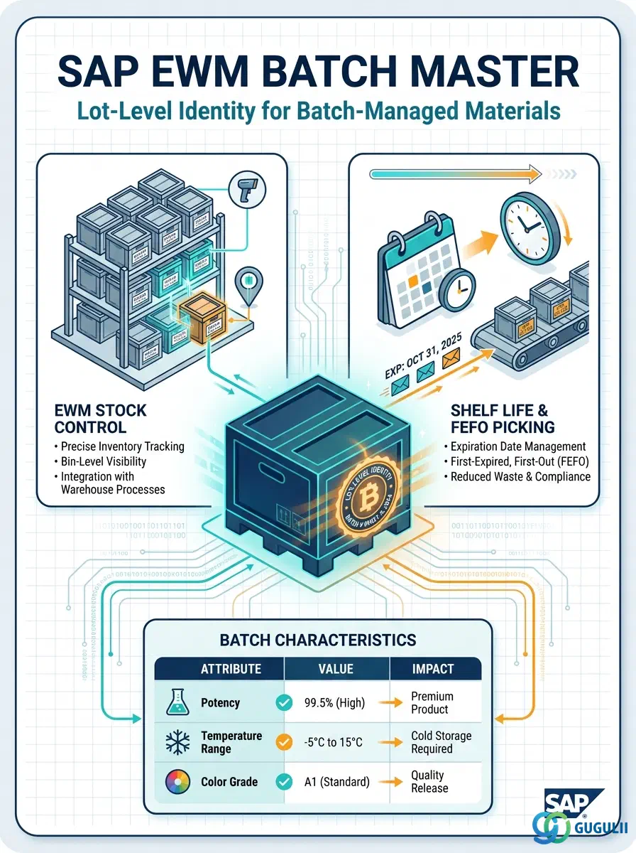 Cover: SAP EWM Batch Master — lot-level identity linking Material, Plant, and Warehouse stock control