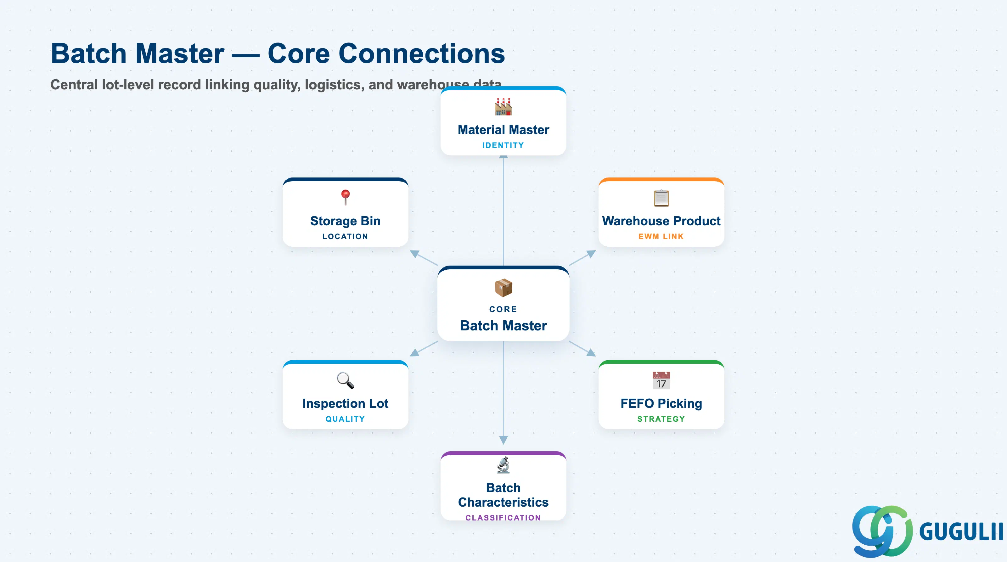 Hub-and-spoke diagram showing the Batch Master at center, connected to Material Master, Warehouse Product, FEFO Picking Strategy, Batch Characteristics, Inspection Lot, and Storage Bin