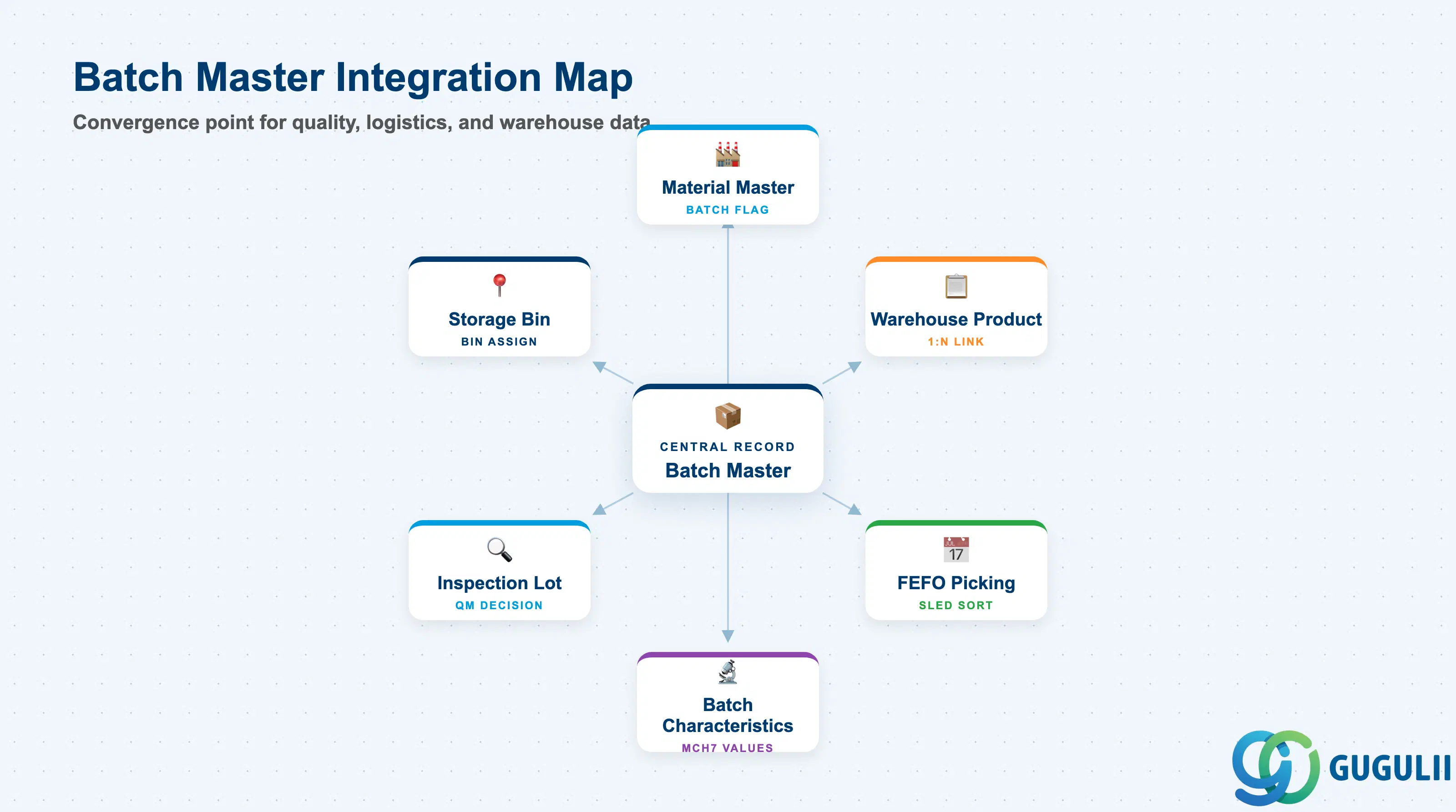 Hub-and-spoke diagram showing Batch Master at center, connected to Material Master, Warehouse Product, Batch Characteristics, Inspection Lot, Picking Strategy FEFO, and Storage Bin