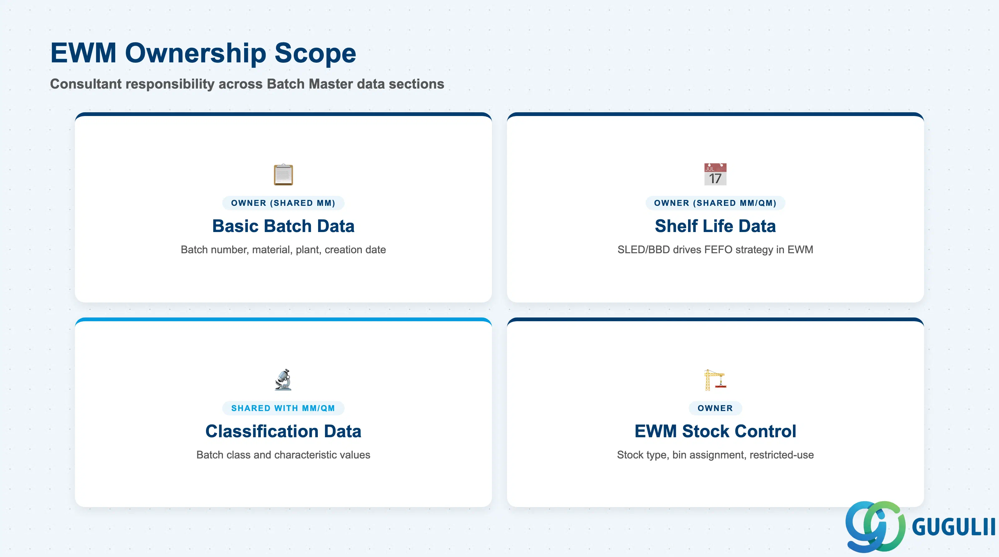 Checklist showing EWM consultant ownership across Batch Master data sections: Basic Batch Data, Shelf Life Data, Classification Data, EWM Stock Control