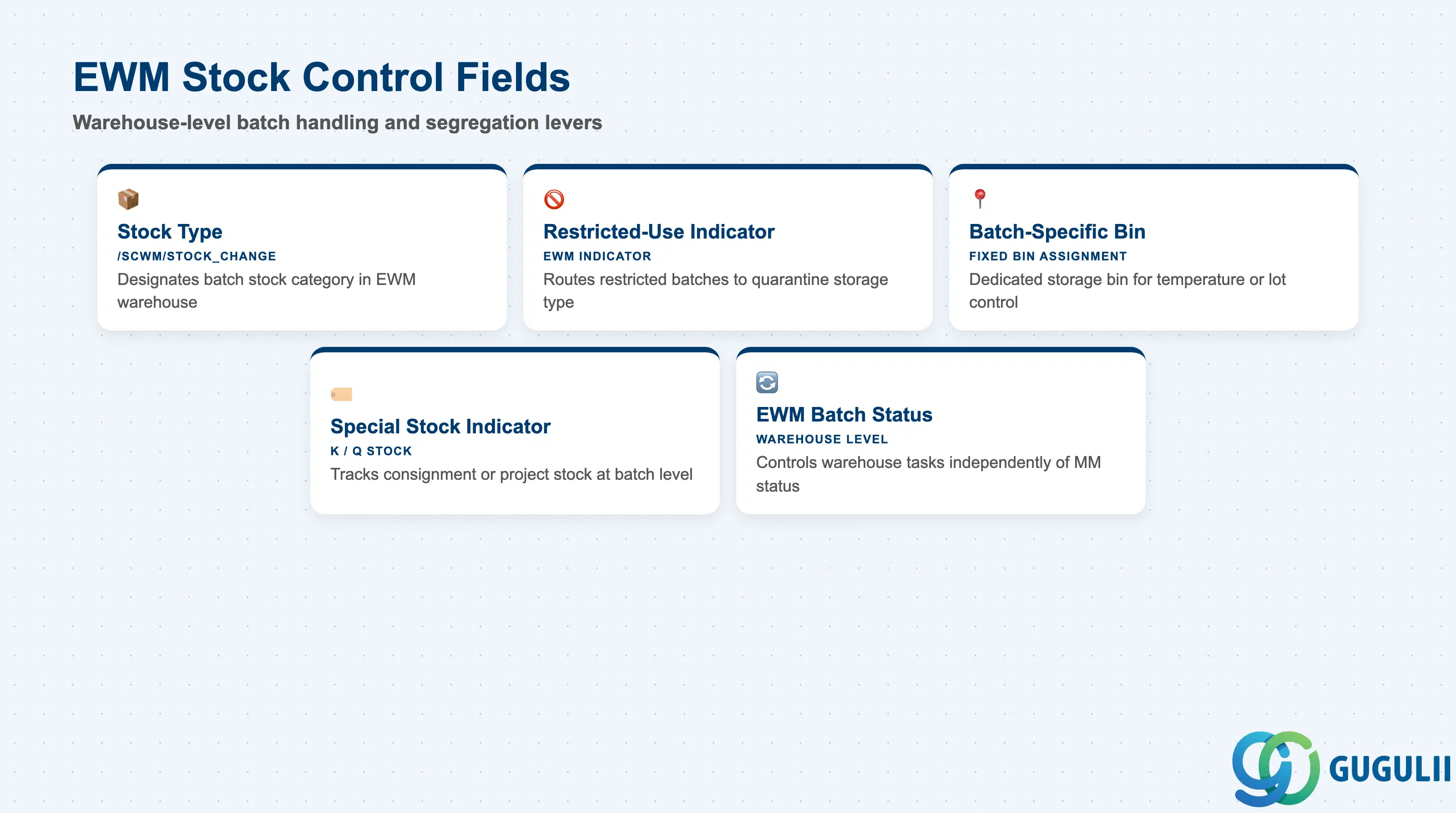 Checklist of EWM stock control fields: Stock Type per Batch, Restricted-Use Indicator, Batch-Specific Bin Assignment, Special Stock Indicator