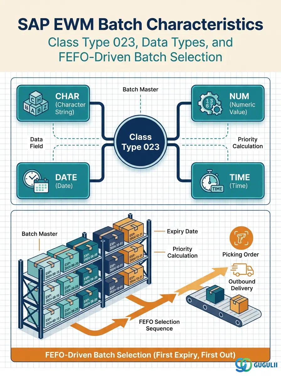 Cover: SAP EWM Batch Characteristics — classification attributes driving FEFO picking and quality-based batch selection