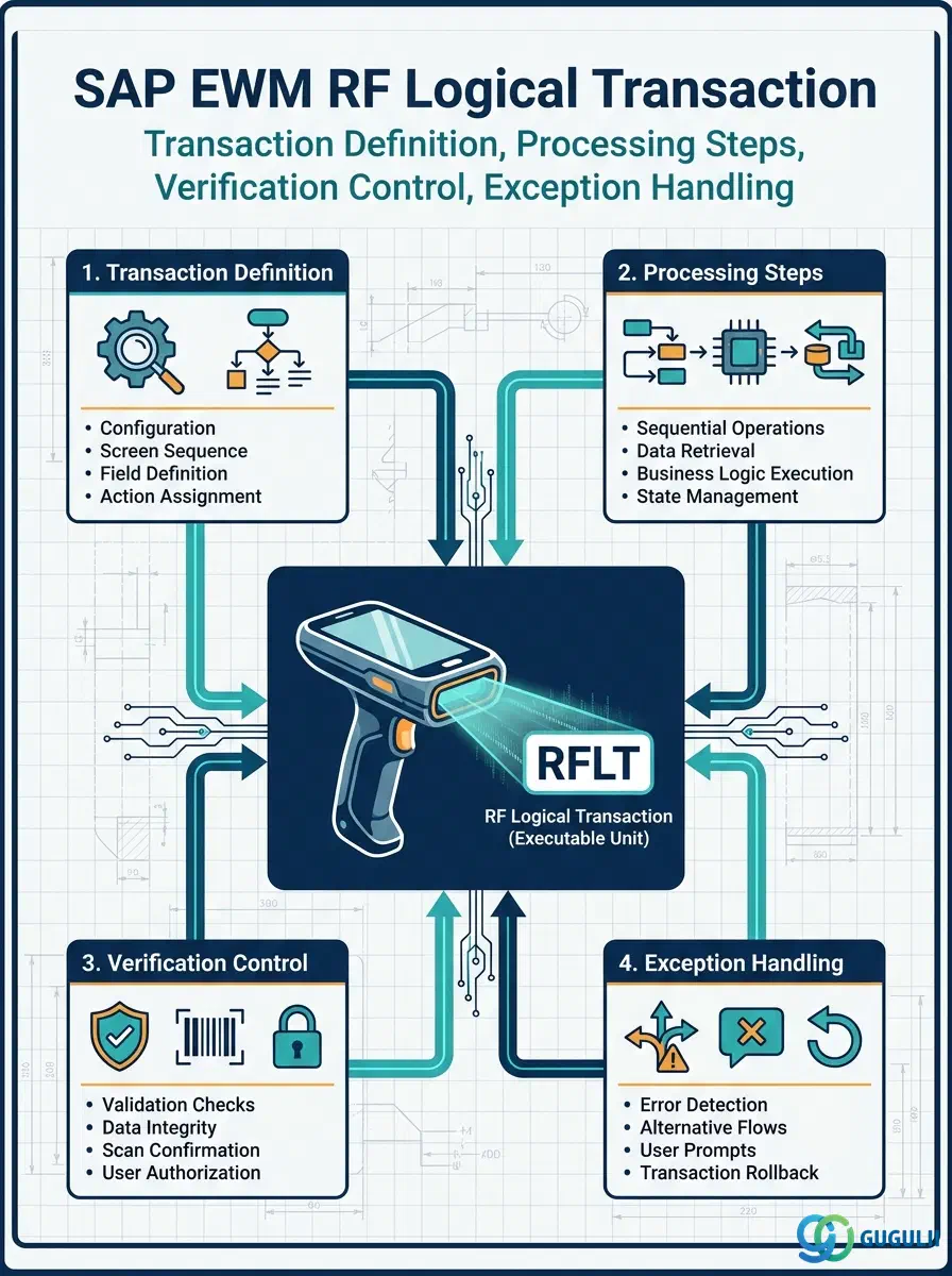 Cover: SAP EWM RF Logical Transaction — the executable RF unit that maps a warehouse function to a screen flow