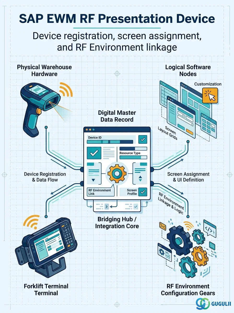 Cover: SAP EWM RF Presentation Device — the physical terminal record that anchors the RF Framework to real hardware