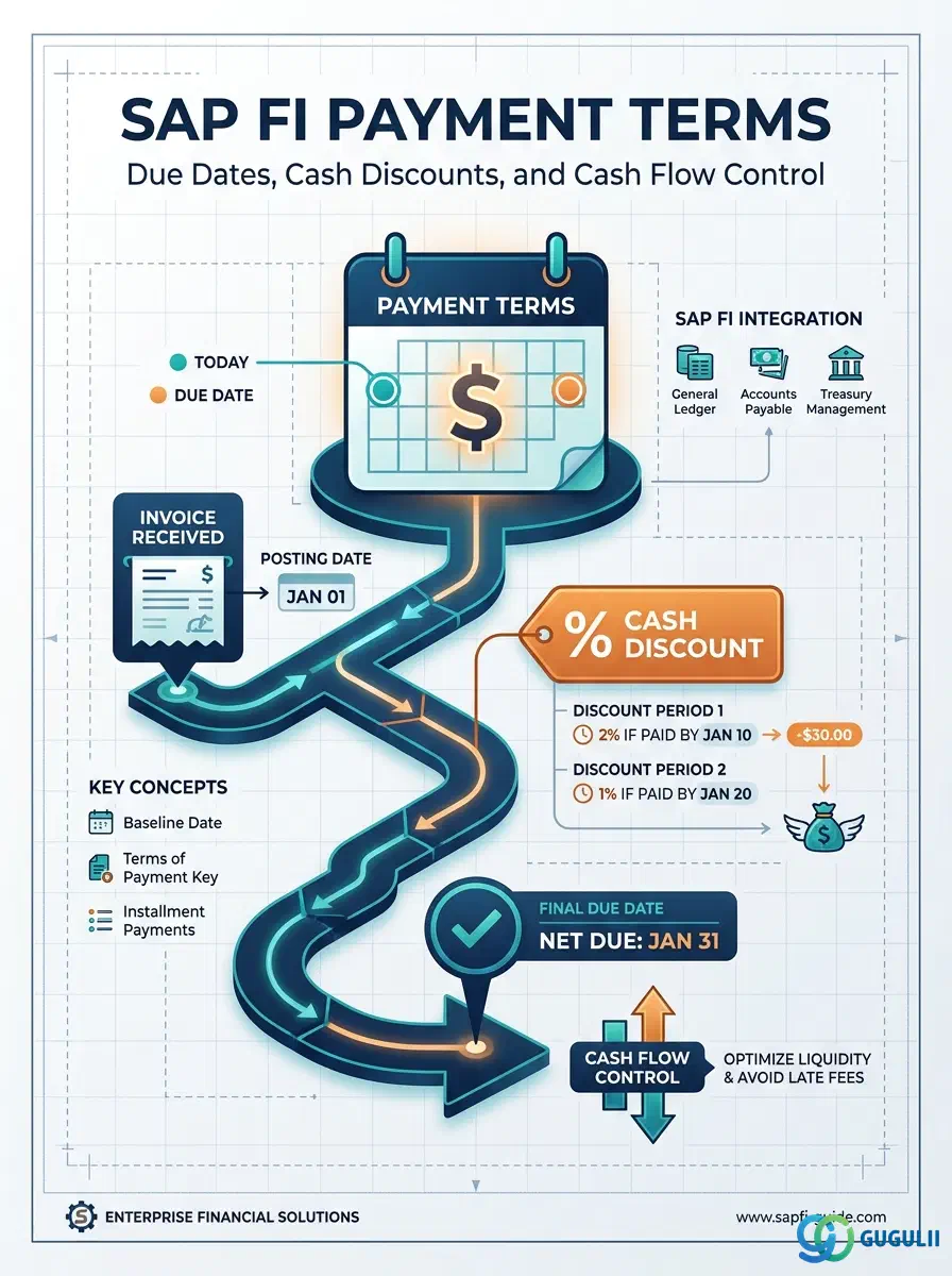 Cover: SAP FI Payment Terms — linking due dates, discounts, and cash flow