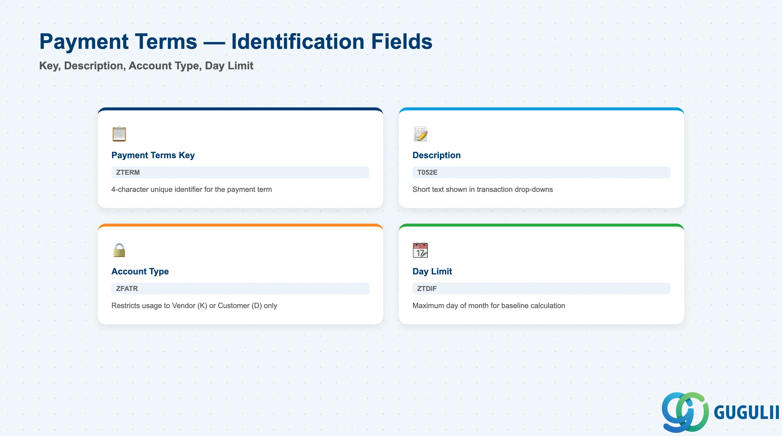 Checklist of basic Payment Terms identification fields: Payment Terms Key, Description, Account Type, Currency Restriction