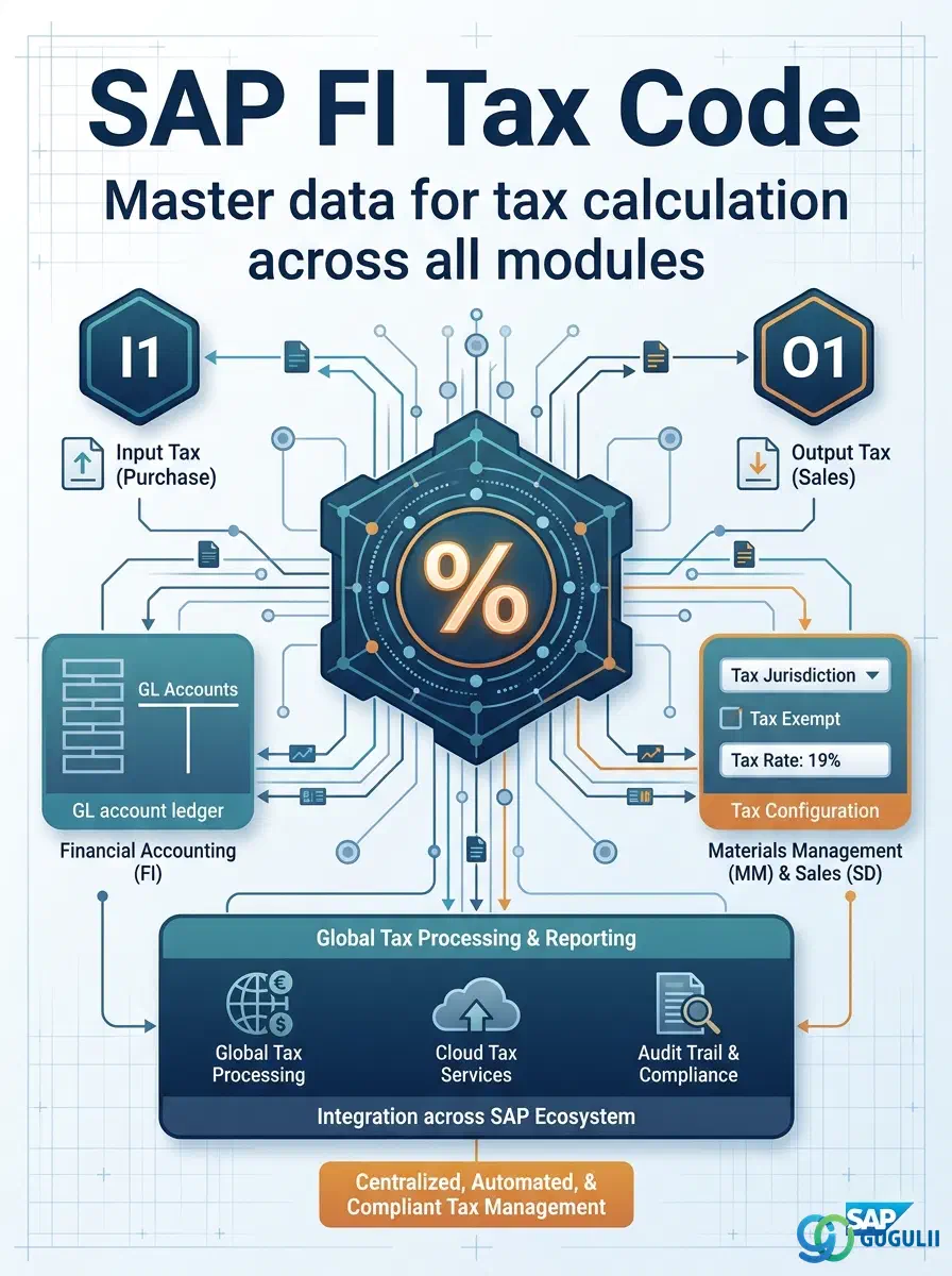 Cover: SAP FI Tax Code — master data defining tax calculation across all modules
