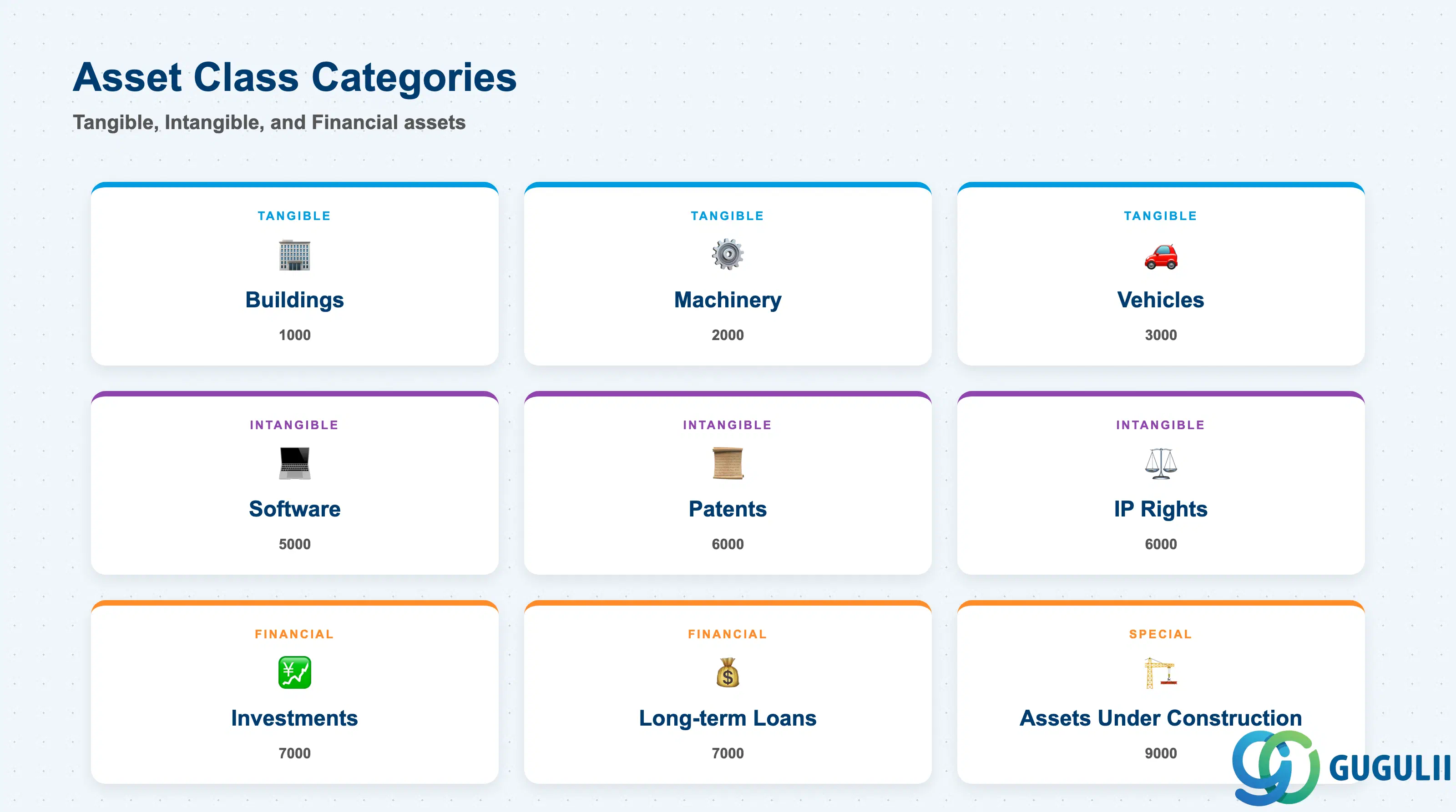 2x3 comparison grid showing standard SAP Asset Classes: Tangible (Buildings, Machinery, Vehicles), Intangible (Software, Patents), and Financial (Investments, Loans)