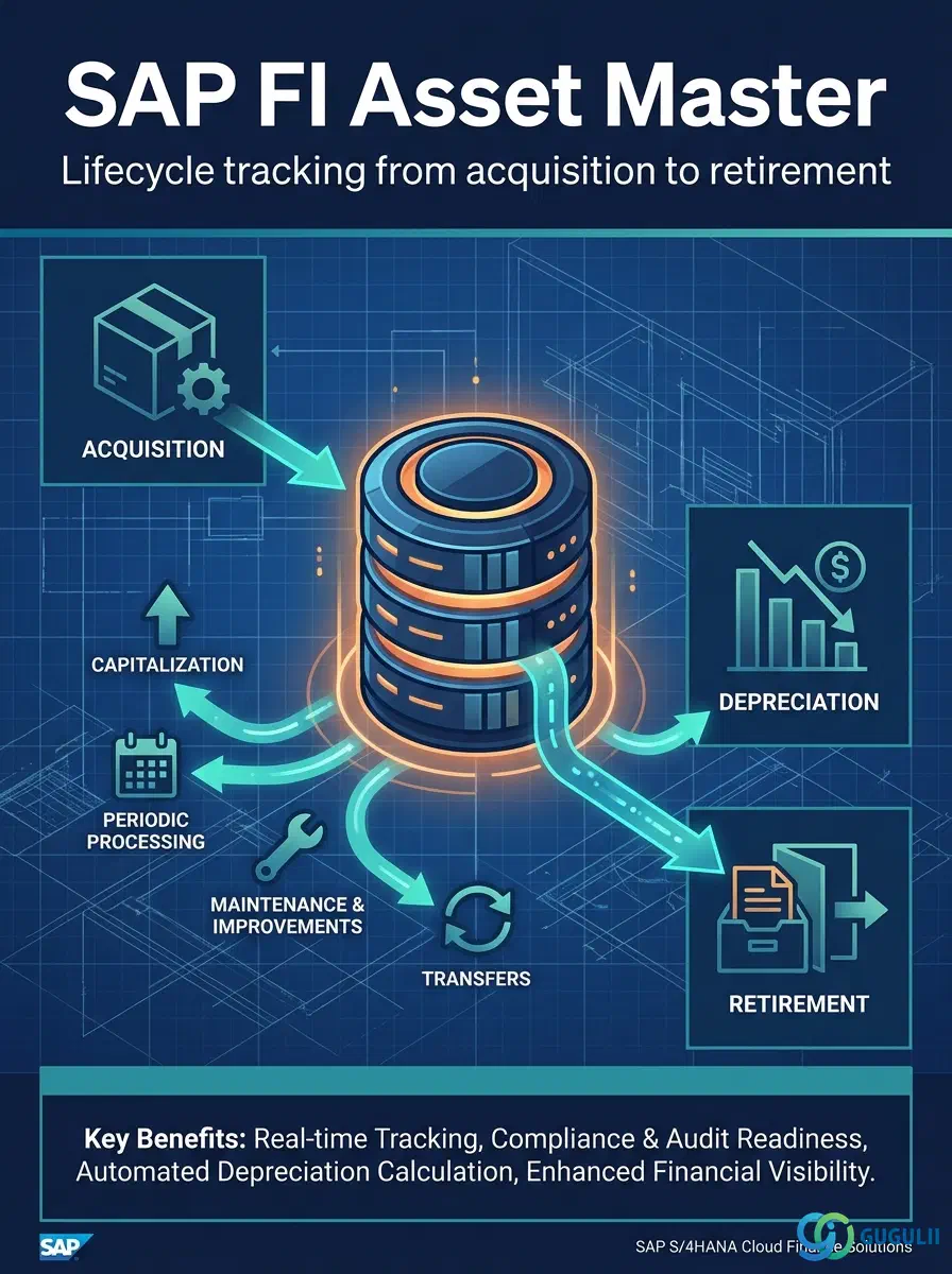 Cover: SAP FI Asset Master — Lifecycle tracking from acquisition to retirement