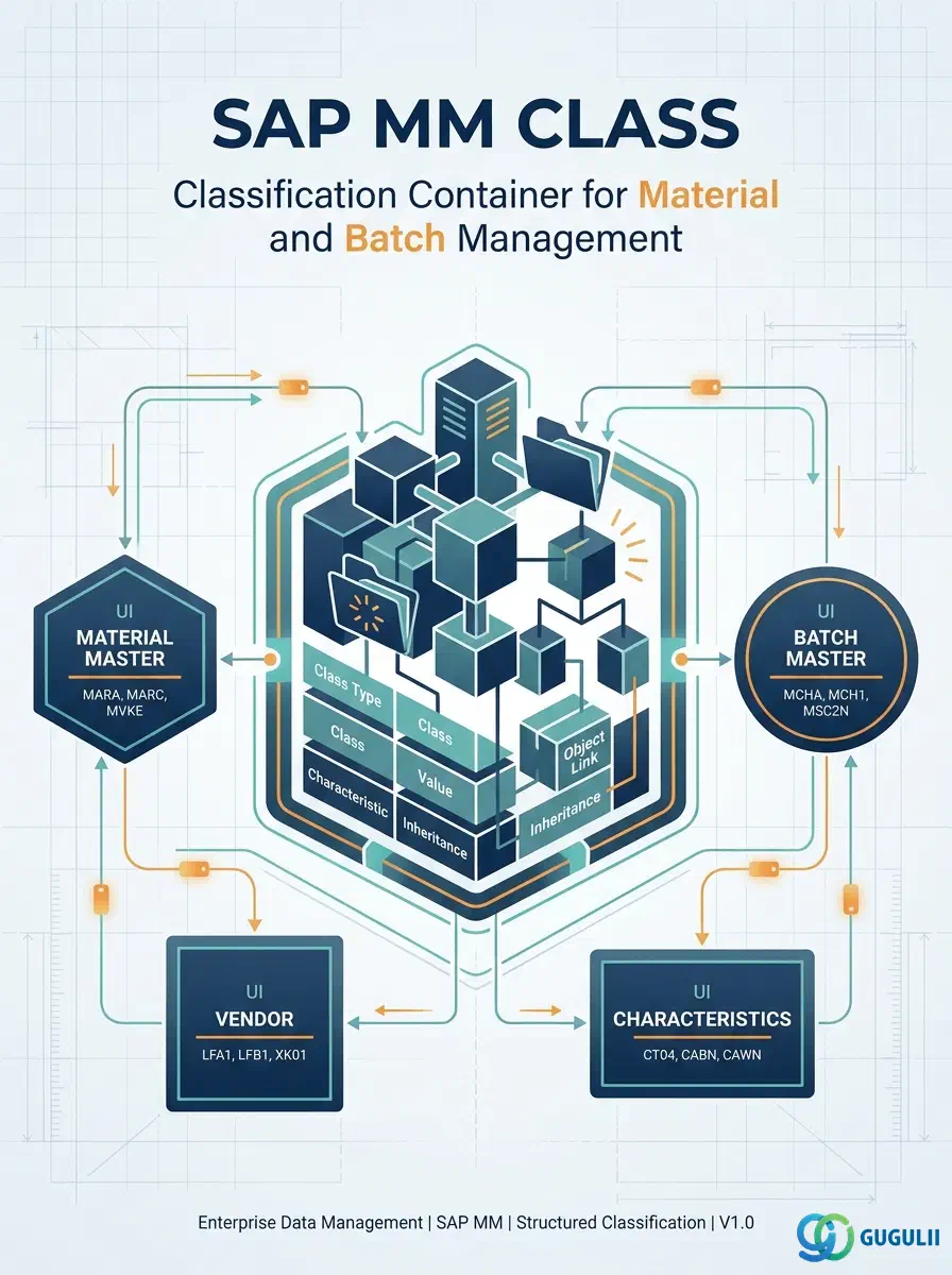 Cover: SAP MM Class – the classification container linking Materials, Batches, and Vendors into structured search and analysis groups
