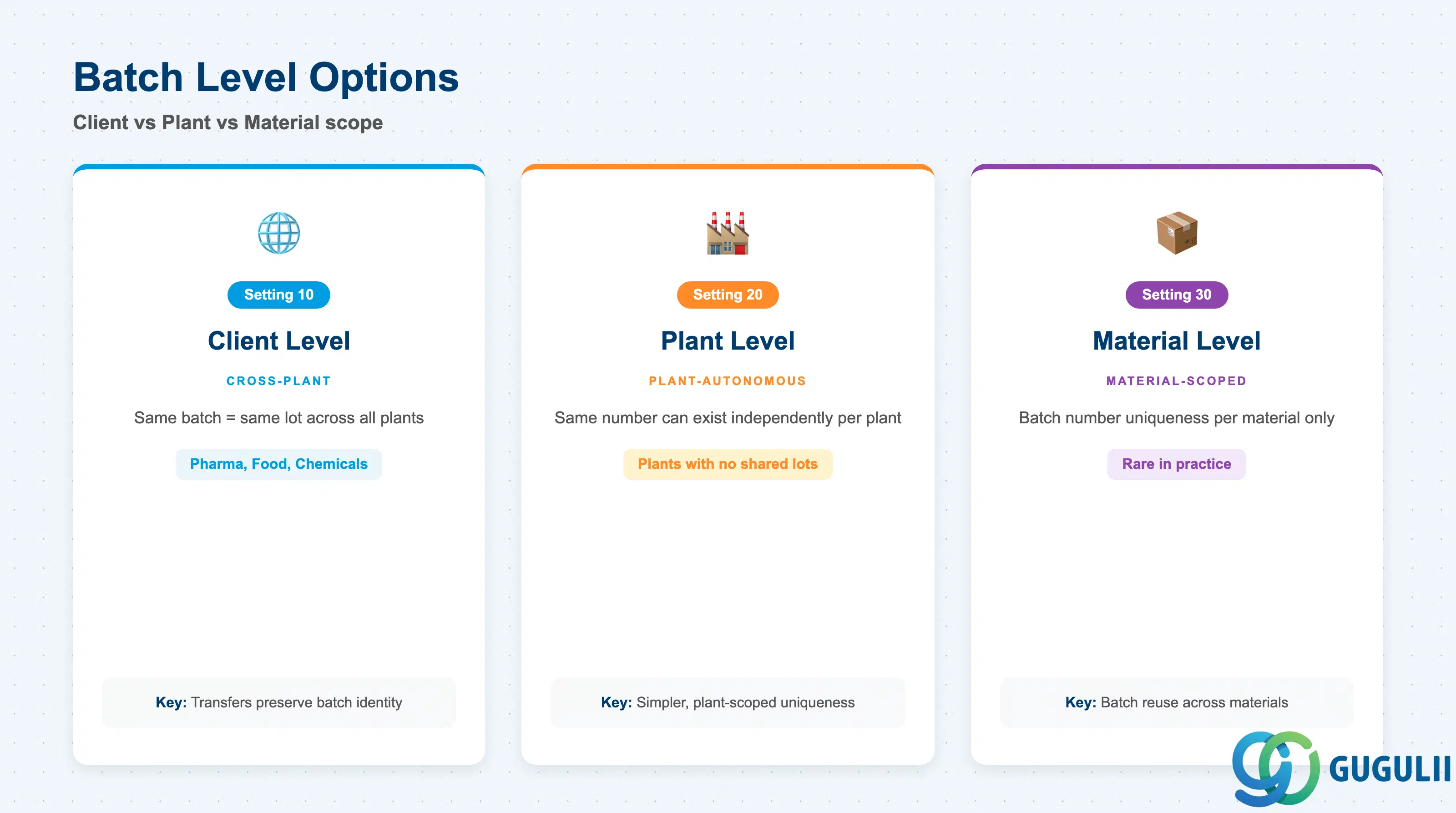 Comparison grid showing the three SAP batch level options: Client, Plant, and Material, with their use cases and key behaviors