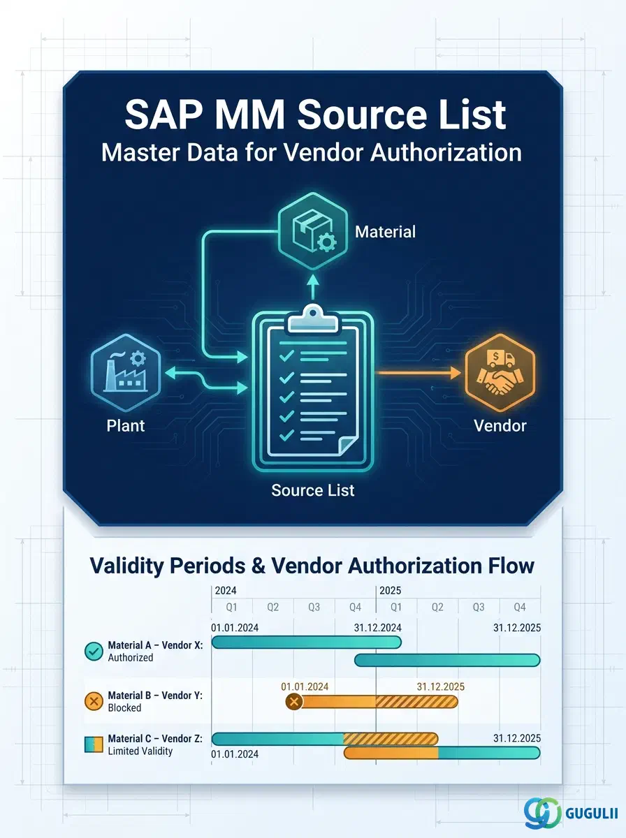 Cover: SAP MM Source List — master data linking Material, Plant, and Allowed Supplier Sources