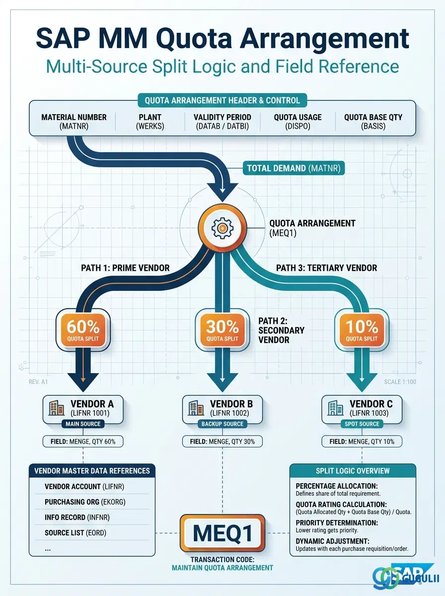 Cover: SAP MM Quota Arrangement – master data governing multi-source procurement splits across vendors