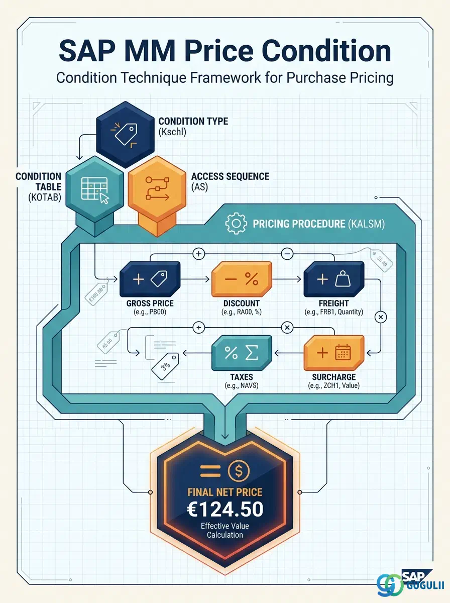 Cover: SAP MM Price Condition — the Condition Technique framework that drives purchase price calculation across vendors and materials
