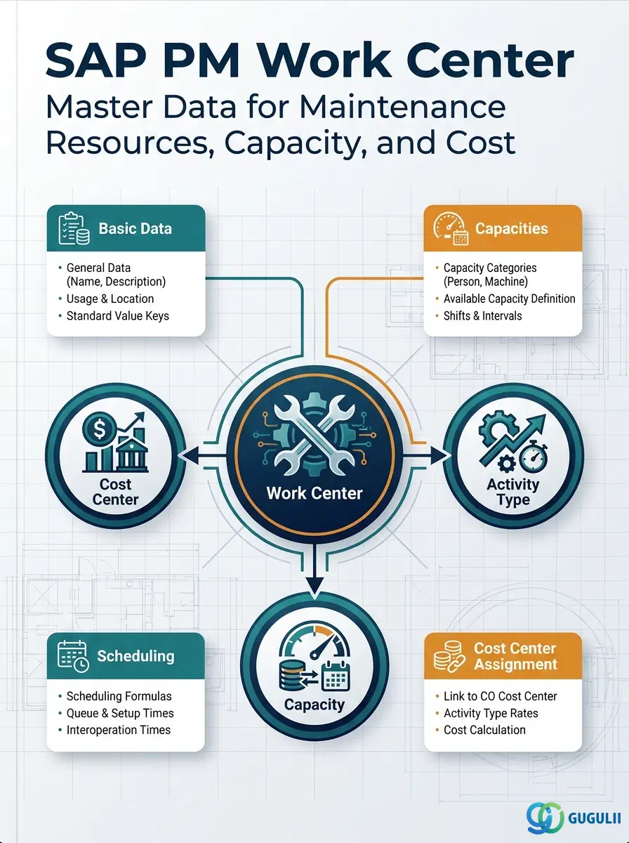 Cover: SAP PM Work Center — master data linking maintenance labor, capacity, and cost activity types