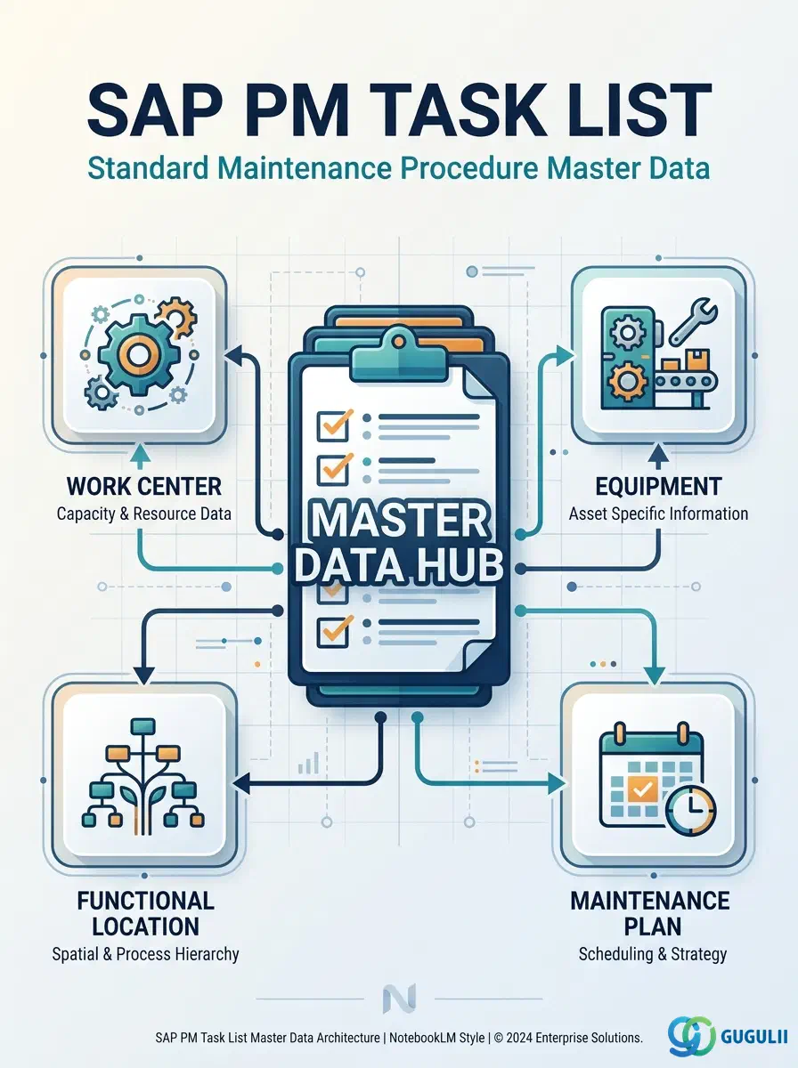 Cover: SAP PM Task List — the standard work procedure master linking Work Center, Equipment, and Maintenance Planning