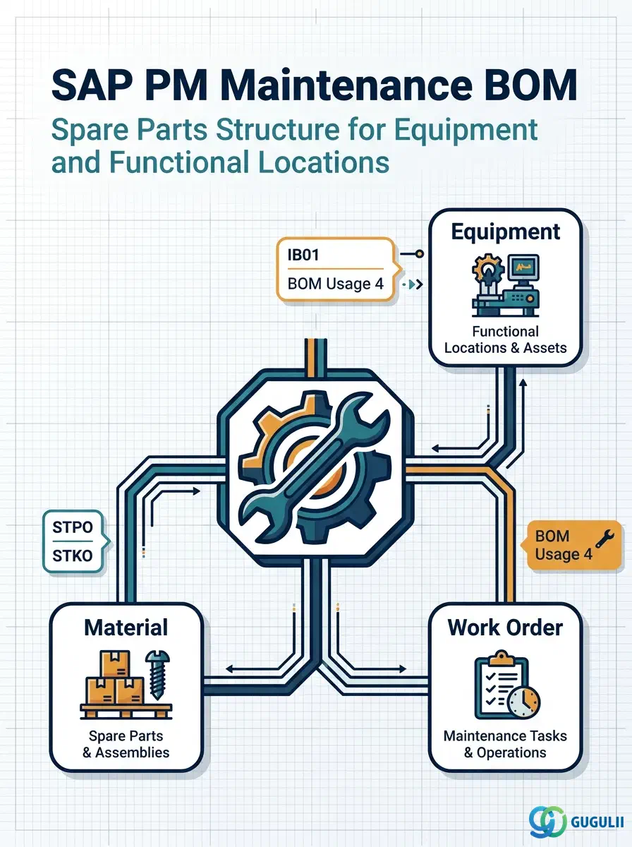 Cover: SAP PM Maintenance BOM — spare parts structure linking Equipment, Material Master, and Work Orders