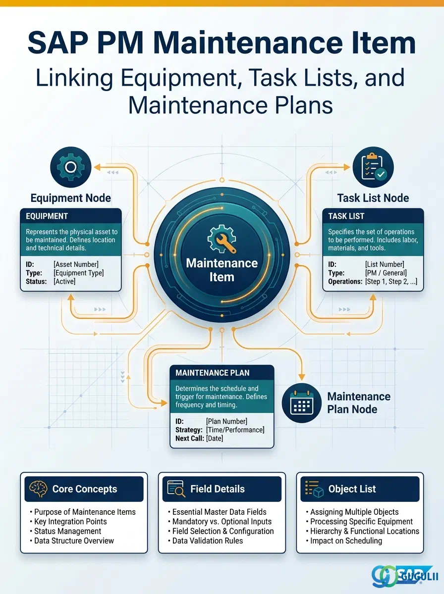 Cover: SAP PM Maintenance Item — the link between Equipment, Task List, and Maintenance Plan