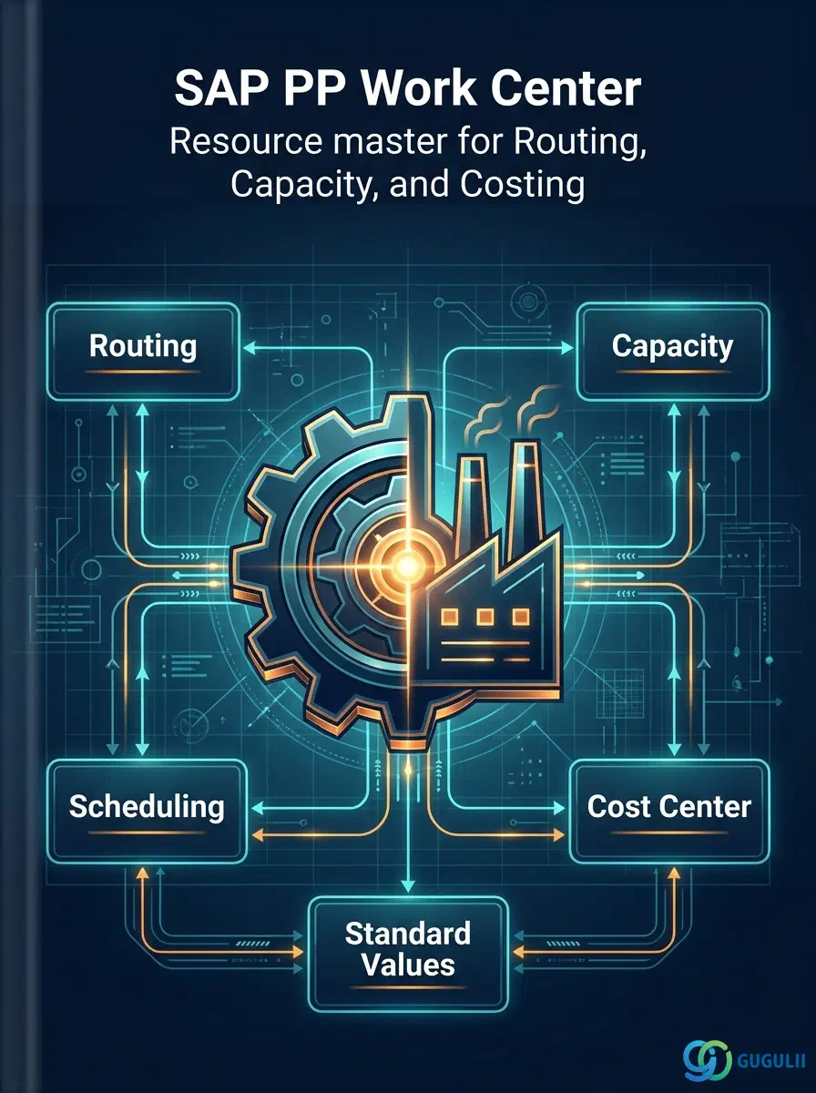 Cover: SAP PP Work Center — the resource master linking Routing Operations, Capacity Planning, and Cost Centers