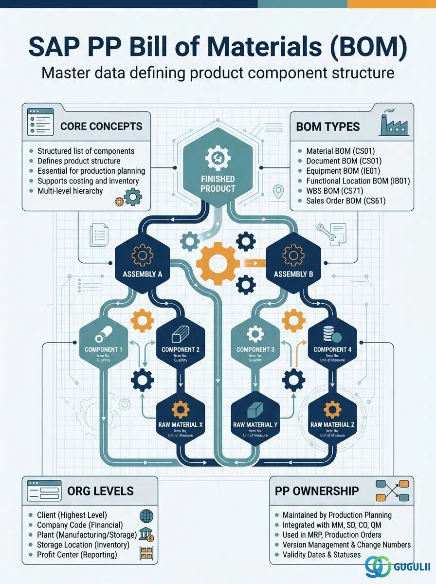 Cover: SAP PP Bill of Materials — master data defining product component structure for production