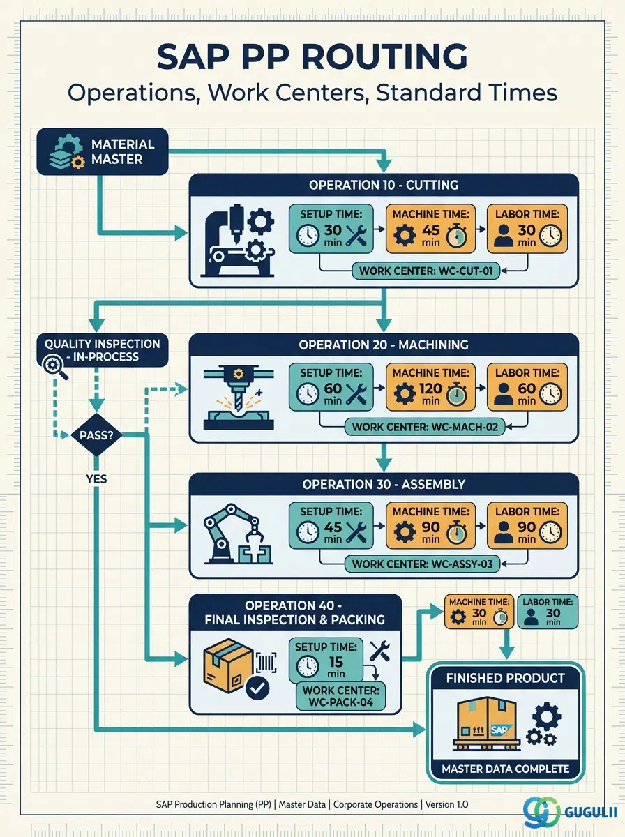 Cover: SAP PP Routing — master data defining the manufacturing process sequence linking Material, Work Centers, and Operations