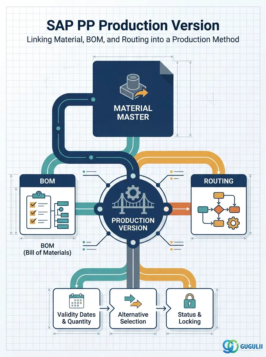 Cover: SAP PP Production Version — master data linking Material Master, BOM, and Routing into a single production method