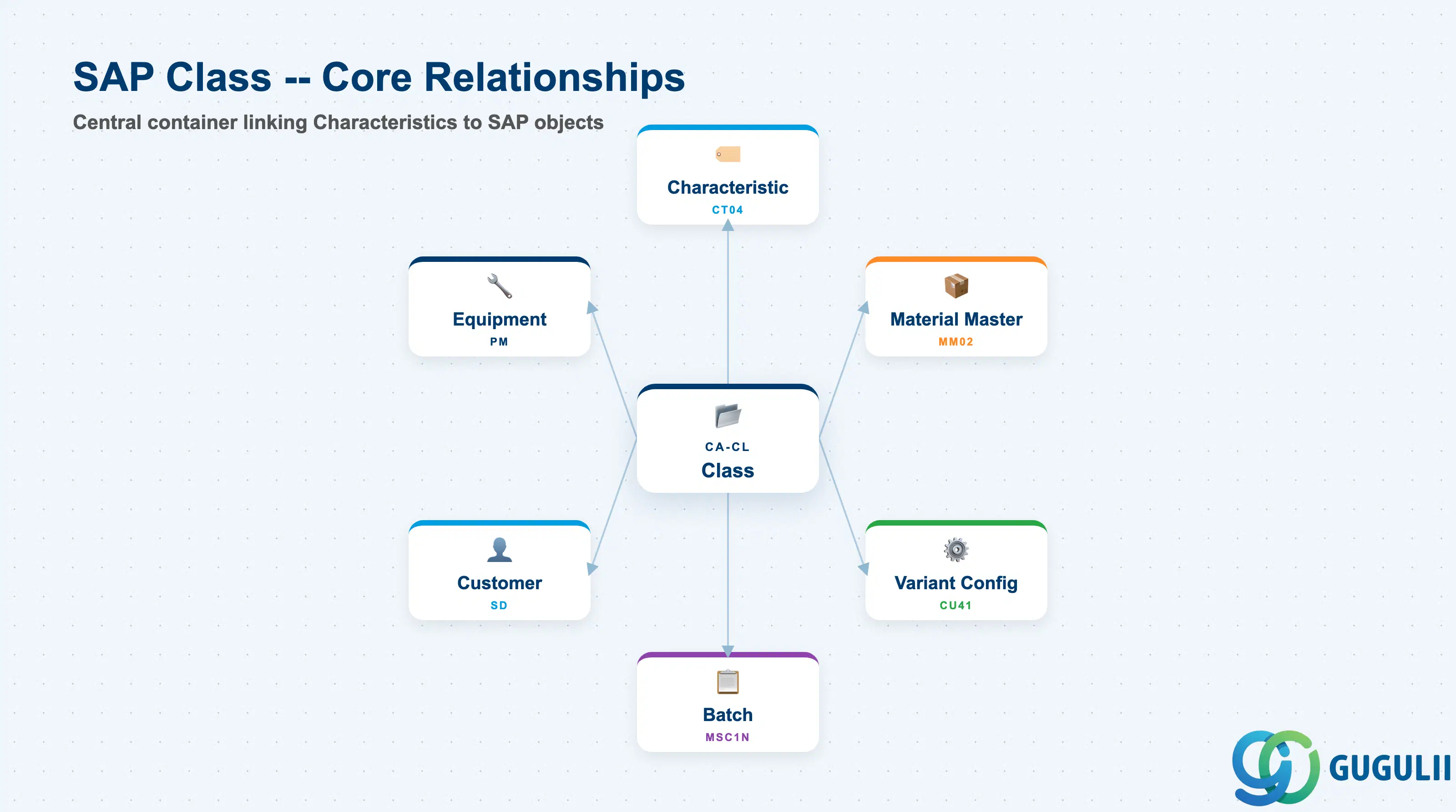 Hub-and-spoke diagram showing Class at center, connected to Characteristic, Material Master, Variant Configuration, Batch, Customer, and Equipment