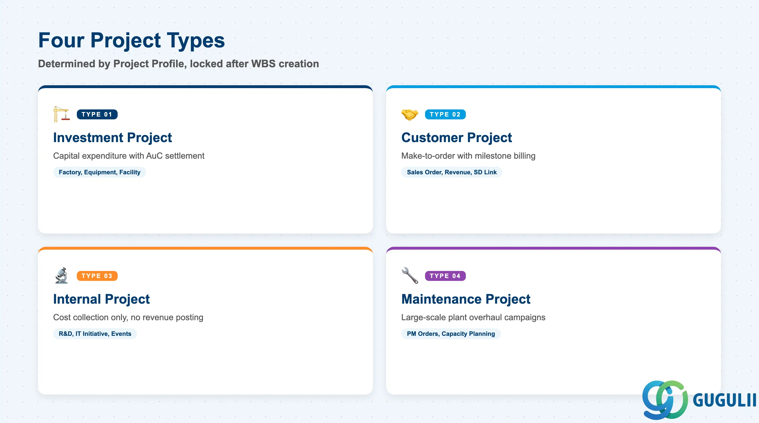 Comparison grid of four SAP PS project types: Investment, Customer, Internal, and Maintenance