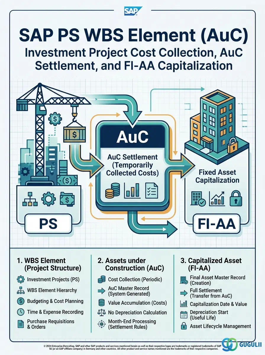 Cover: SAP PS WBS Element (AuC) — channeling project costs from construction through Asset under Construction to a final Fixed Asset