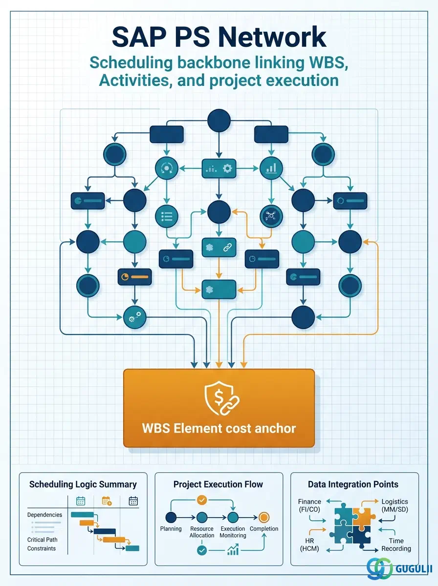 Cover: SAP PS Network — scheduling and work-order backbone linking WBS Elements, Activities, and project execution
