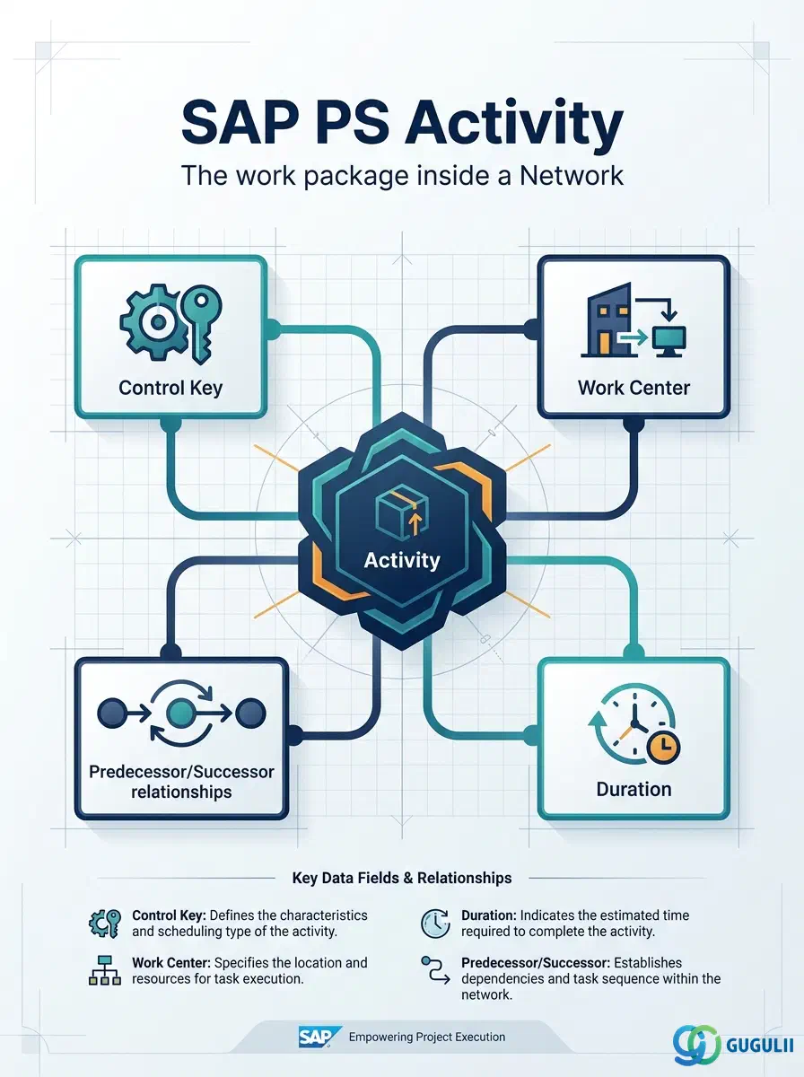 Cover: SAP PS Activity — the work package inside a Network carrying control key, work center, and scheduling data