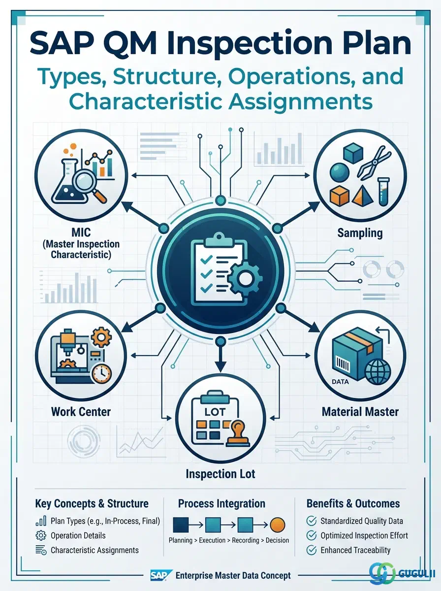 Cover: SAP QM Inspection Plan — master data linking Master Inspection Characteristics, Sampling Procedure, Work Center, and Material Master