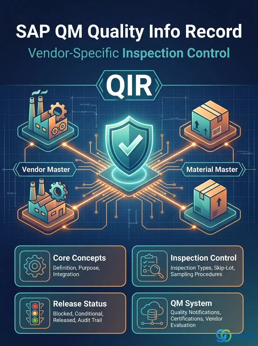 Cover: SAP QM Quality Info Record — vendor-specific inspection control linking Material Master and Vendor Master