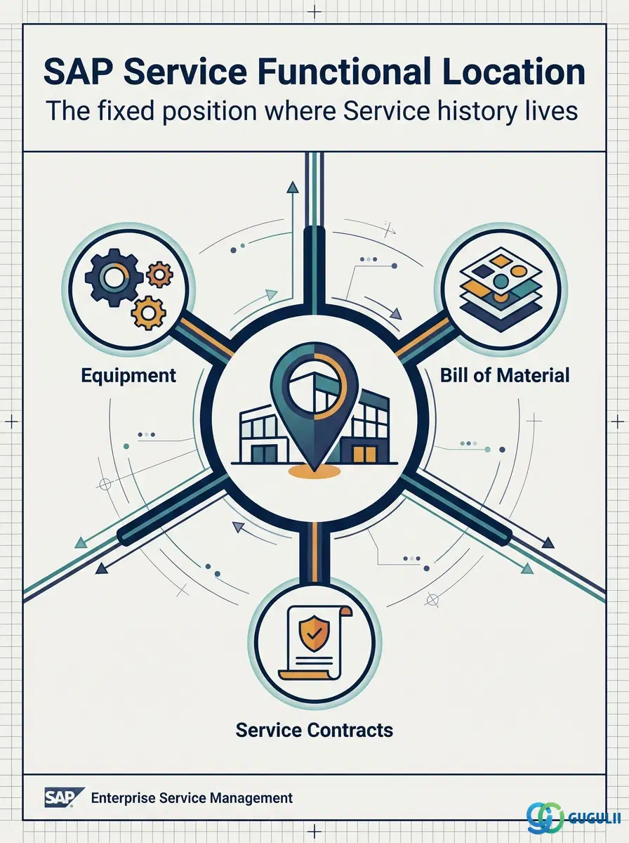 Cover: SAP Service Functional Location — the fixed technical position behind Equipment, BOM, and Service Orders