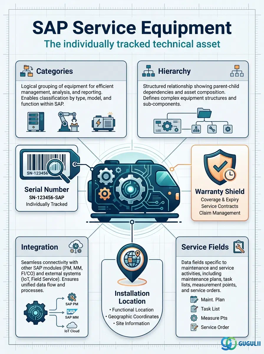 Cover: SAP Service Equipment — the individually tracked technical asset behind Functional Location, BOM, and Warranty