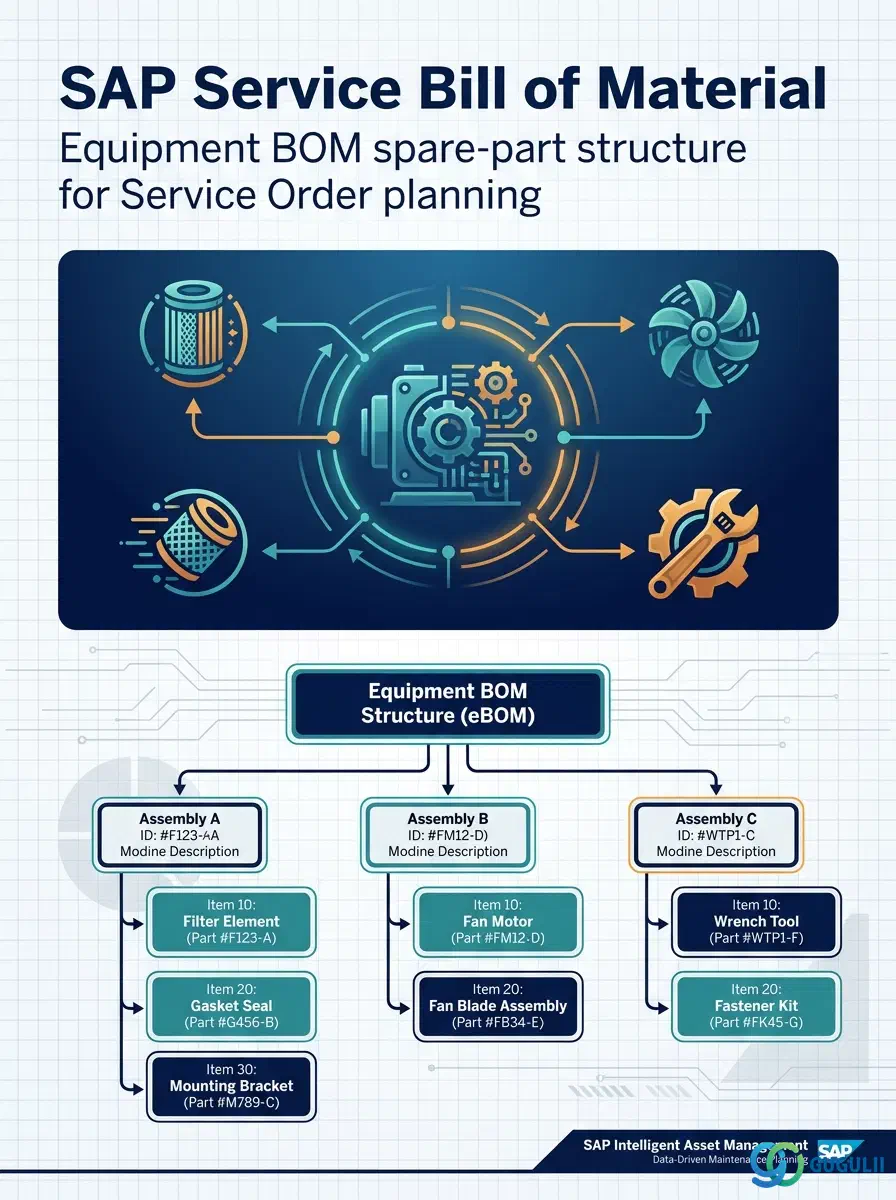Cover: SAP Service Bill of Material — the spare-part structure anchored to a specific Equipment record