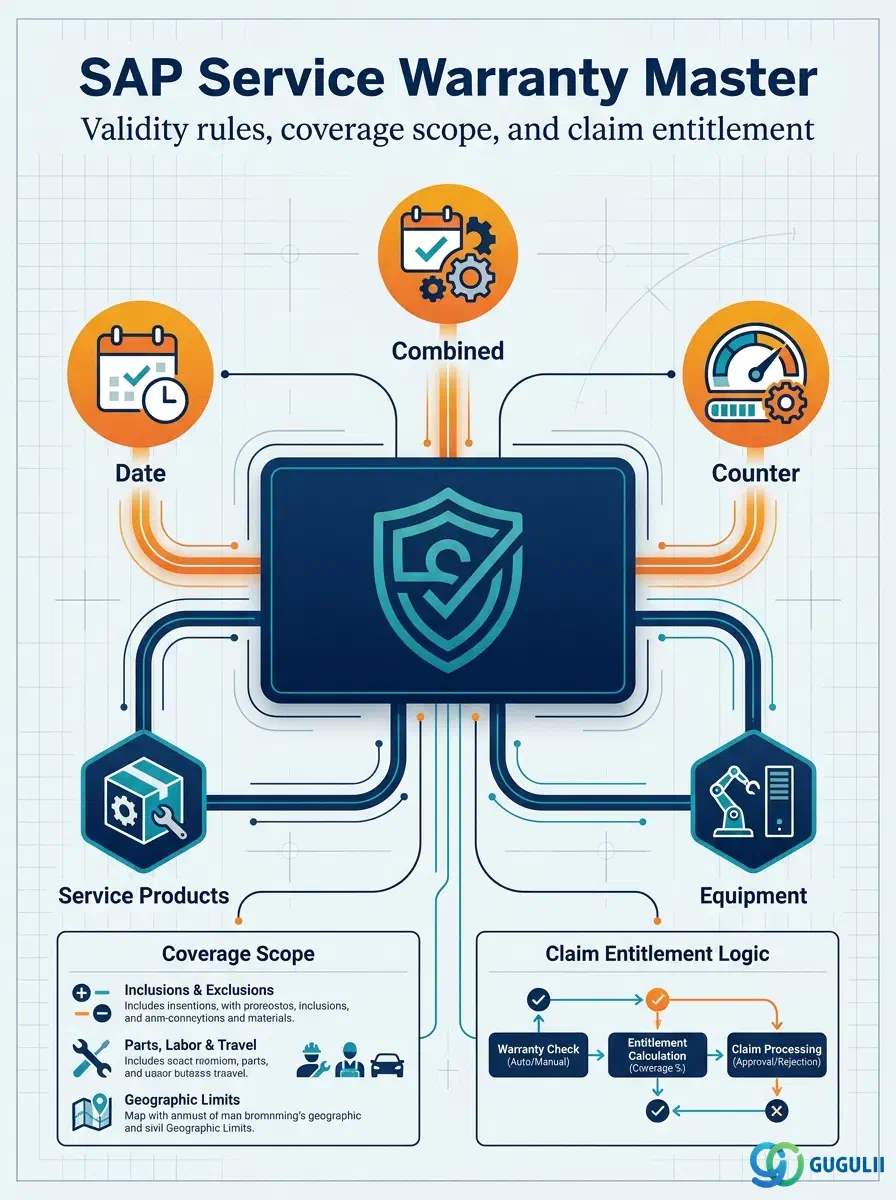 Cover: SAP Service Warranty Master — the master record that defines validity rules and covered scope, checked automatically at every service claim