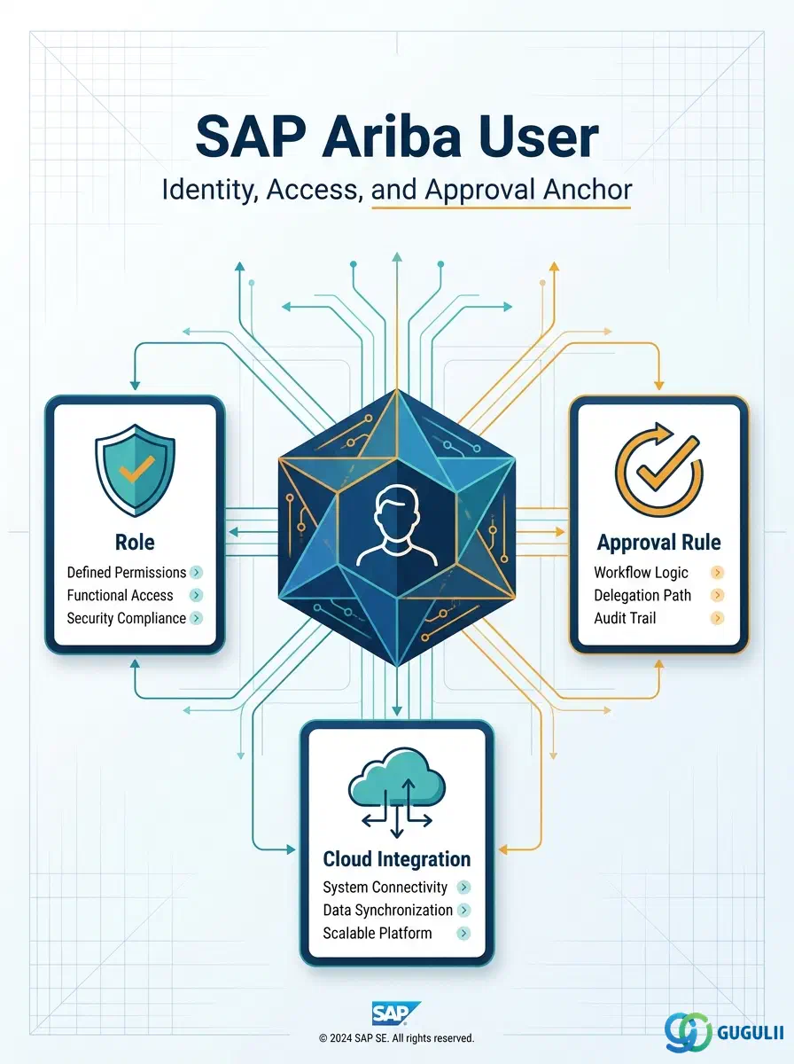 Cover: SAP Ariba User — the identity and access object that anchors Role, Approval Rule, and every transaction in Ariba