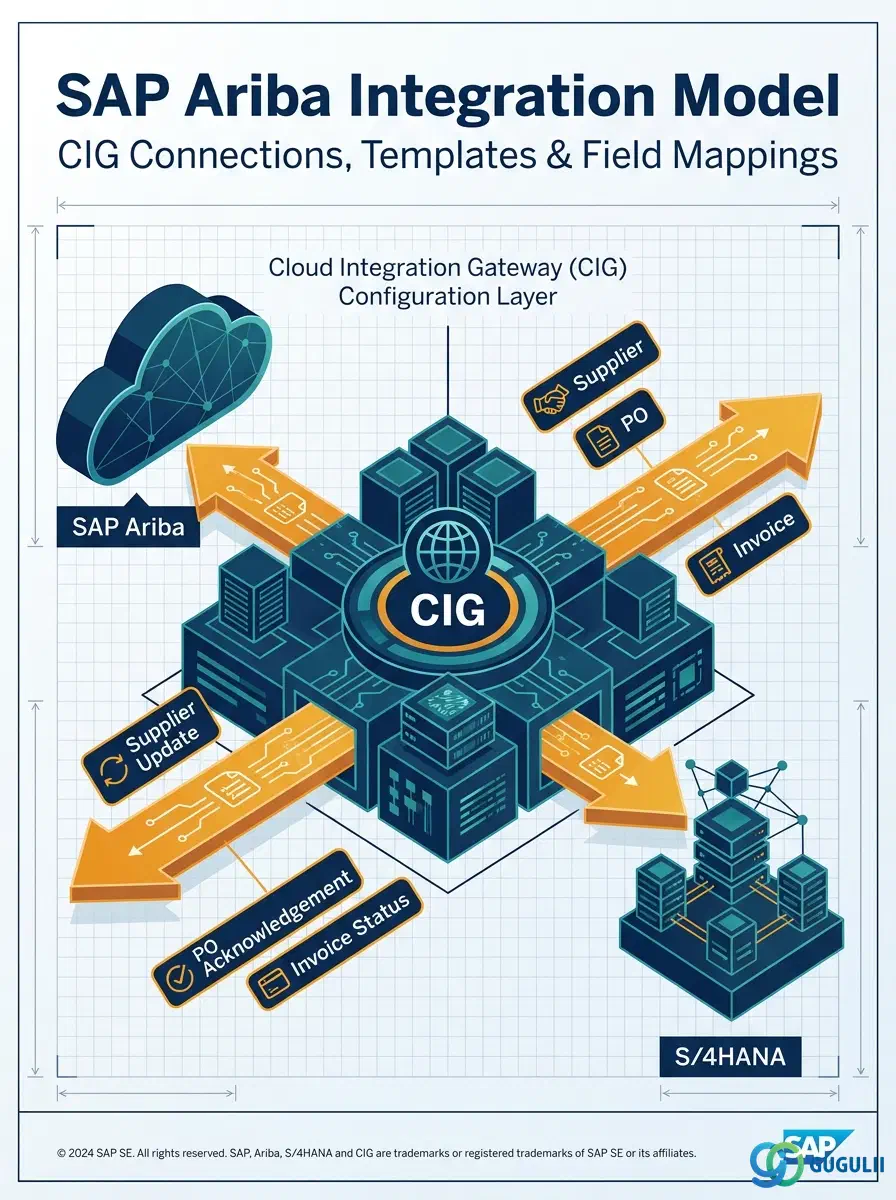 Cover: SAP Ariba Integration Model — the CIG configuration layer bridging Supplier, PO, and Invoice data between Ariba and S/4HANA