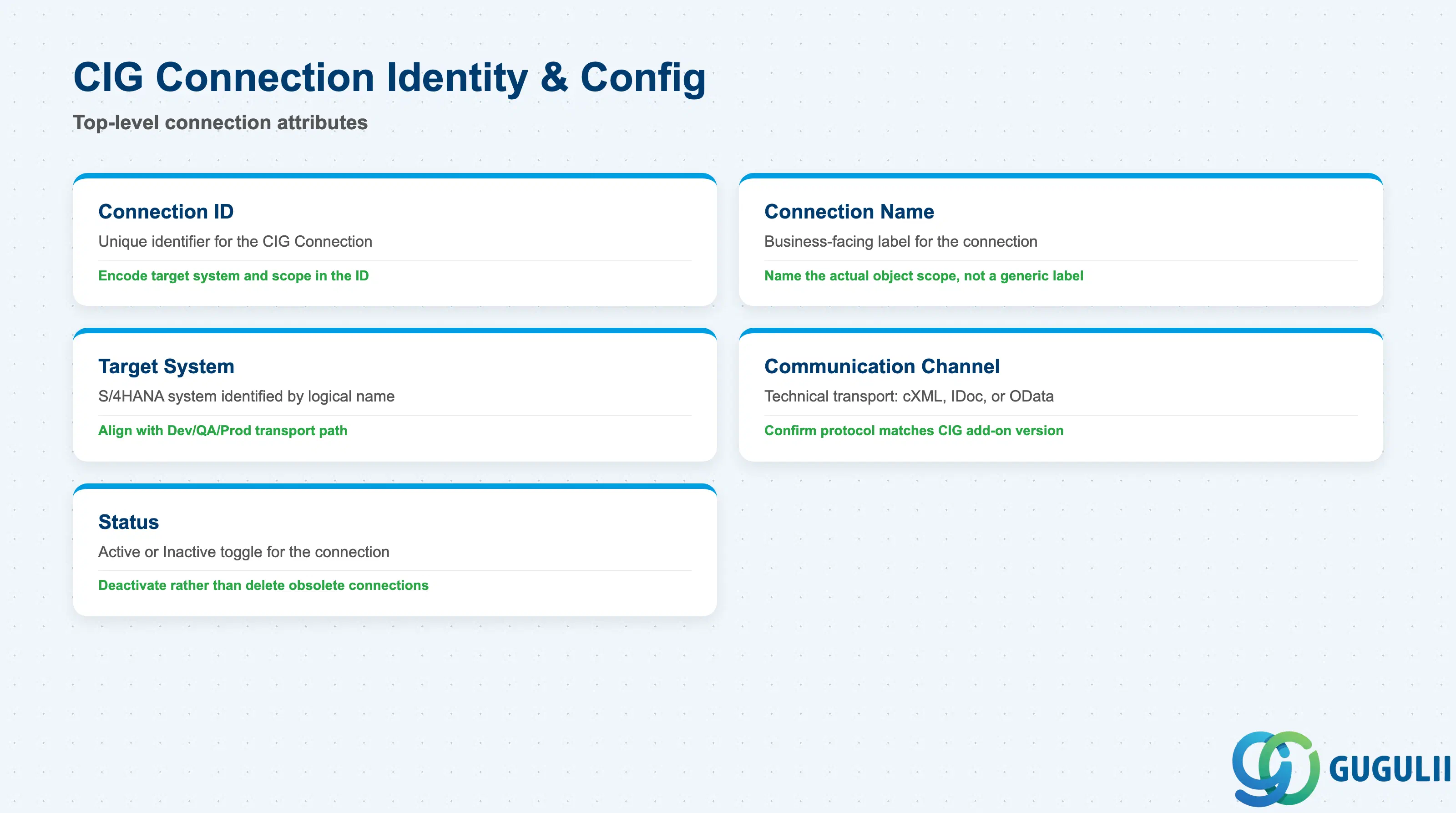 Field cards for the core CIG Connection identity and endpoint-configuration attributes