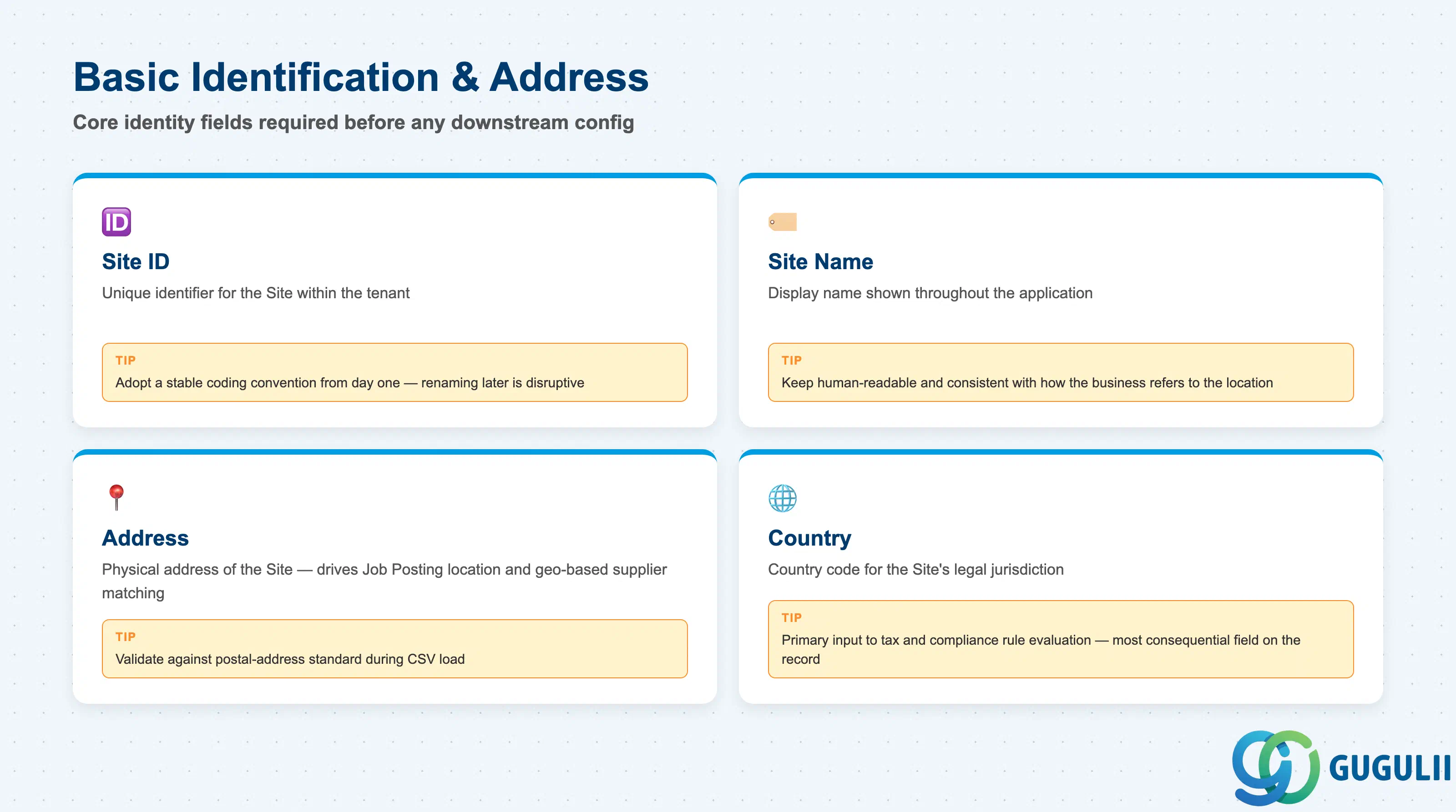Field cards for the core identity and address attributes on the SAP Fieldglass Site record